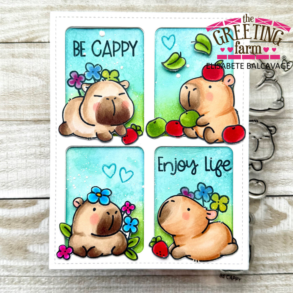 Set of four Capybara animal stamps with text on a white card, featuring 'The Greeting Farm' branding | color-code:ALT01