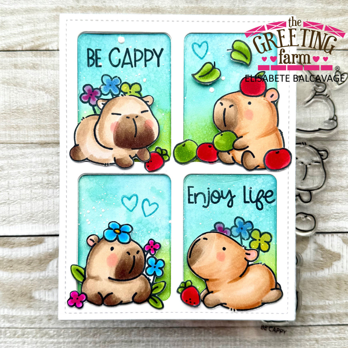 Set of four Capybara animal stamps with text on a white card, featuring 'The Greeting Farm' branding | color-code:ALT01