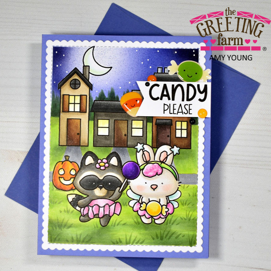 Halloween-themed card with a raccoon and rabbit character and 'Candy Please' text, featuring The Greeting Farm branding.