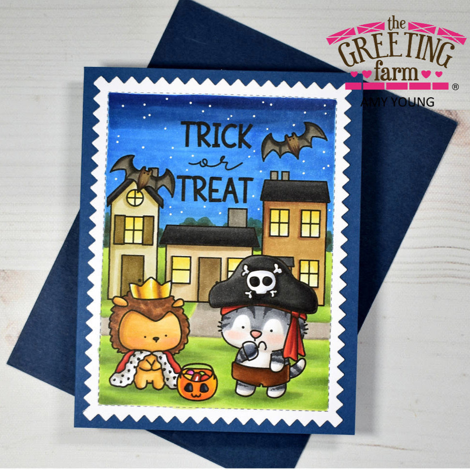 Halloween-themed greeting card with cartoon characters and 'Trick or Treat' text, featuring 'The Greeting Farm' branding.