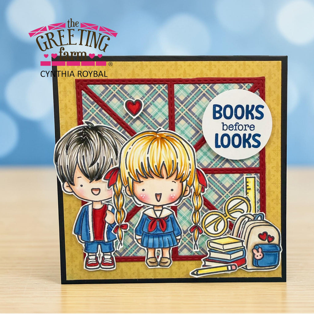 The Greeting Farm Bookish Kids Stamps Plaid Background Back to School Card | color-code:ALT01