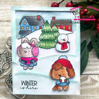 Winter-themed card with cute illustrations of a dog, rabbit, and snowman on a snowy background. | color-code:ALT03