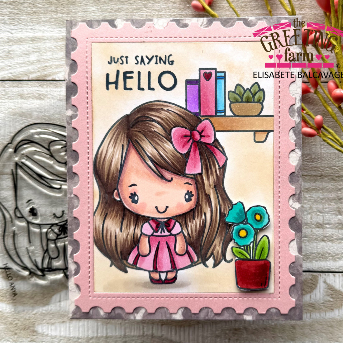 The Greeting Farm Hello Anya Stamps Just Saying Hello with Postage Edge Card | color-code:ALT02