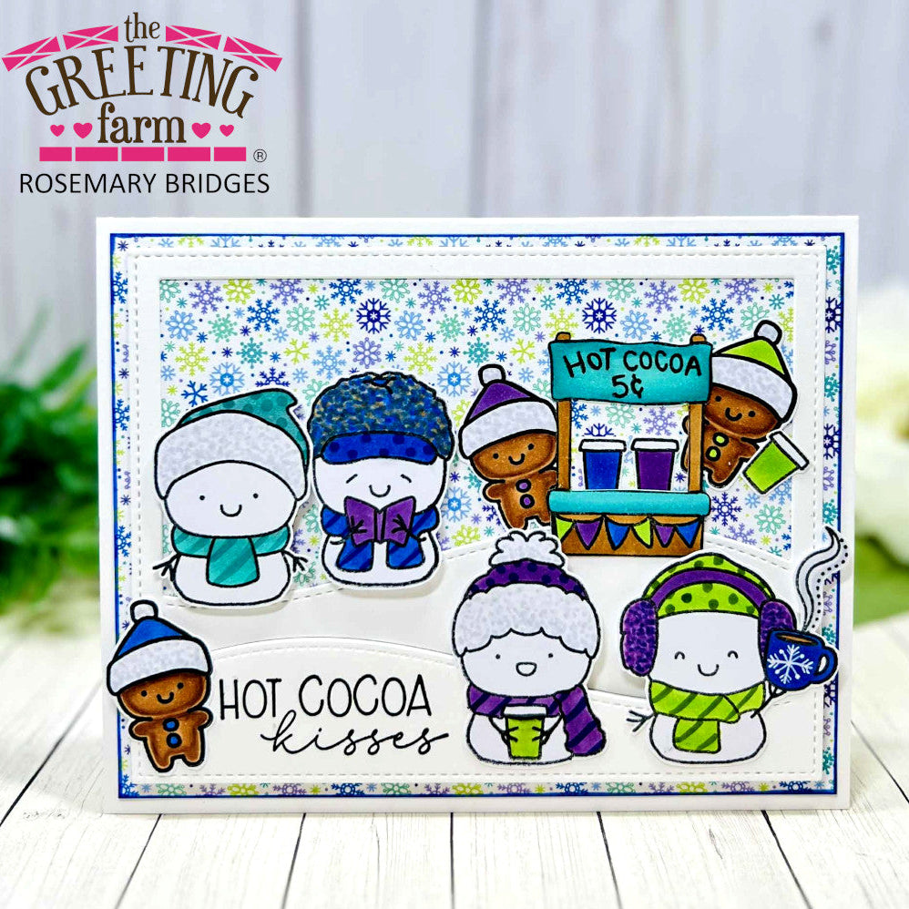Card with snowmen wearing winter hats and scarves, with 'Hot Cocoa Kisses' text, on a white background | color-code:ALT01