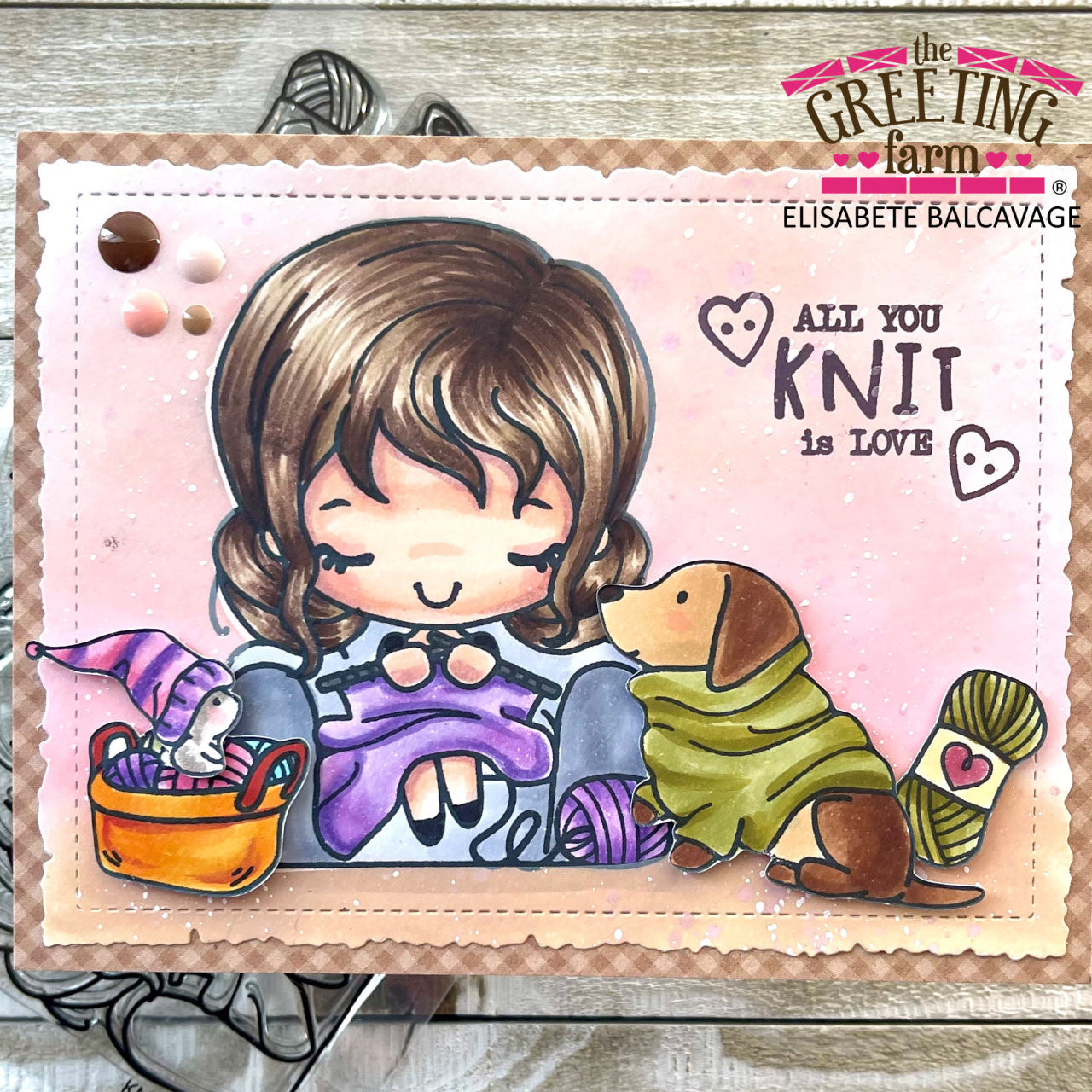 Card with a cartoon girl and dog wearing sweaters, surrounded by yarn and knitting tools, with 'The Greeting Farm' branding | color-code:ALT01