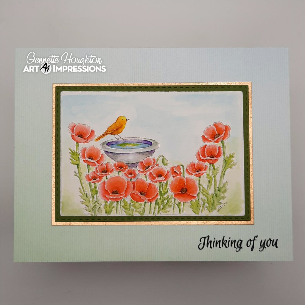 Thinking of You Card with Poppies and Bird at Bird Bath