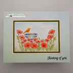Thinking of You Card with Poppies and Bird at Bird Bath