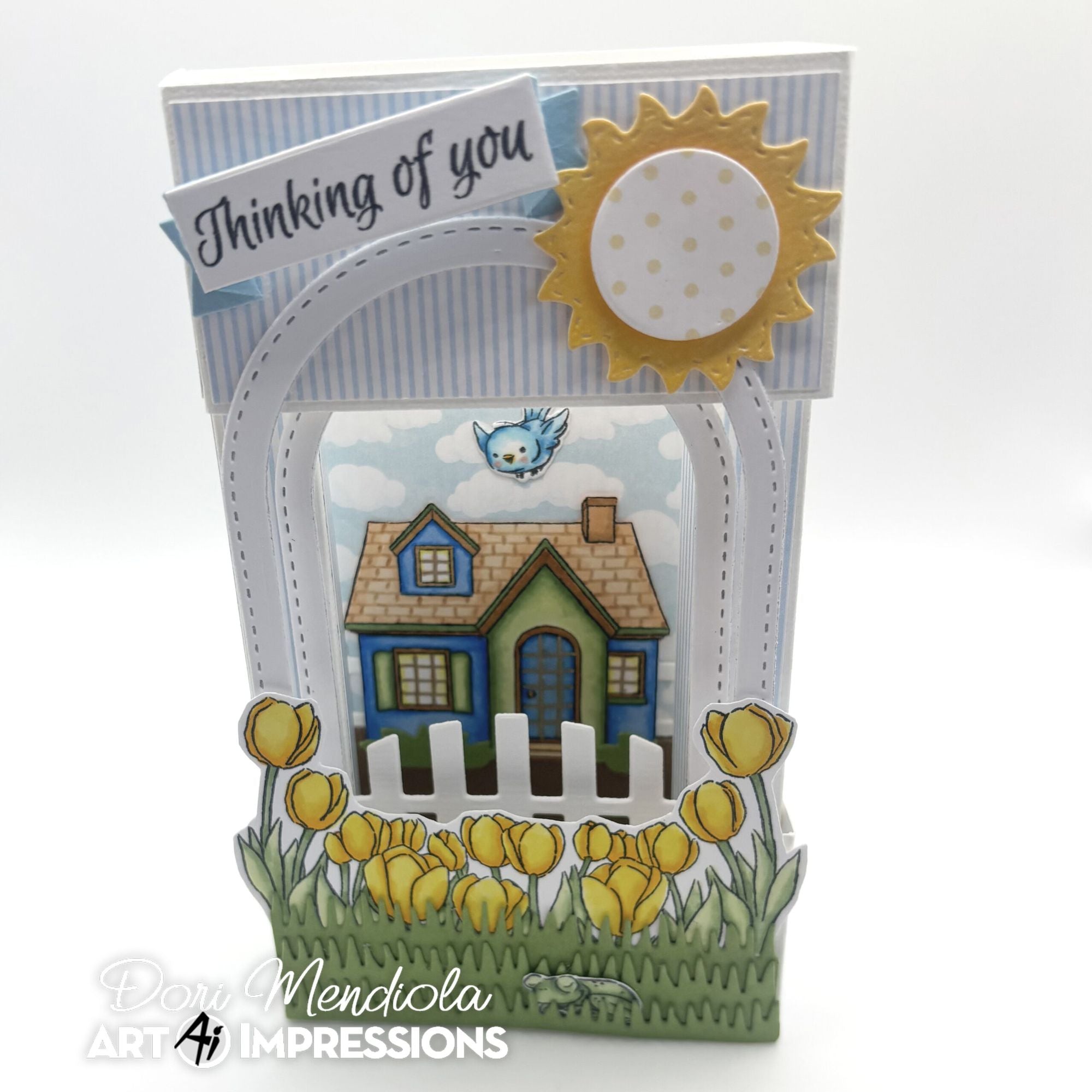 Thinking of You Dimensional Card with Yellow Tulips Sun and Home