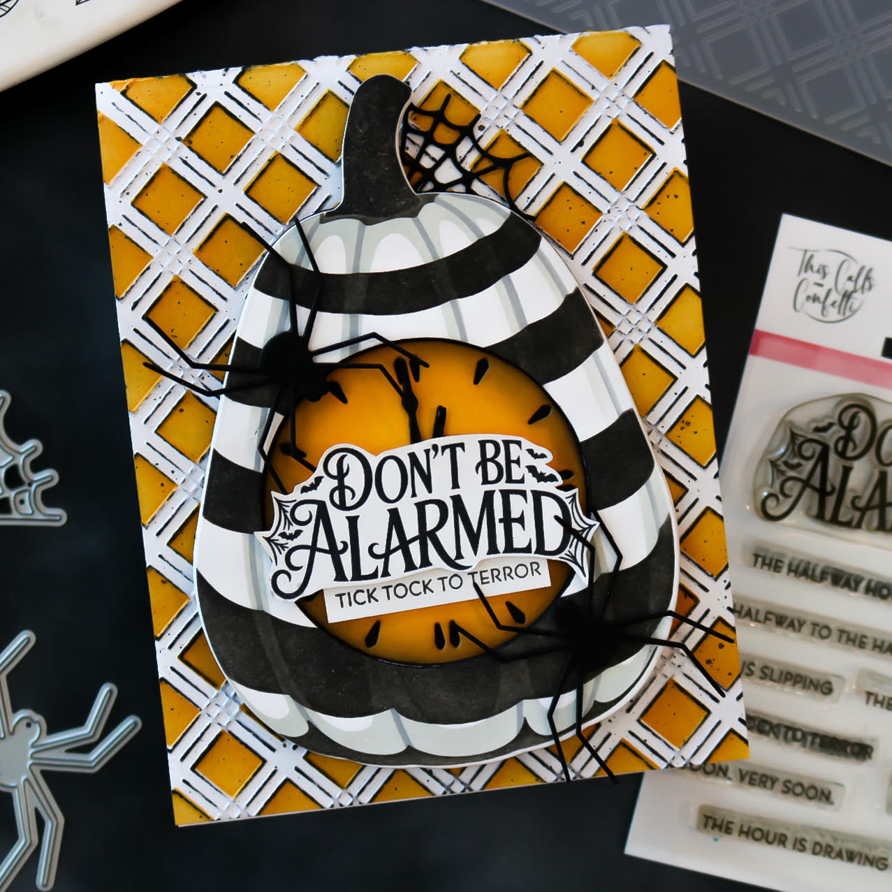This Calls For Confetti Diamond Trellis Embossing Folder And Diamond Stencil Set pumpkin