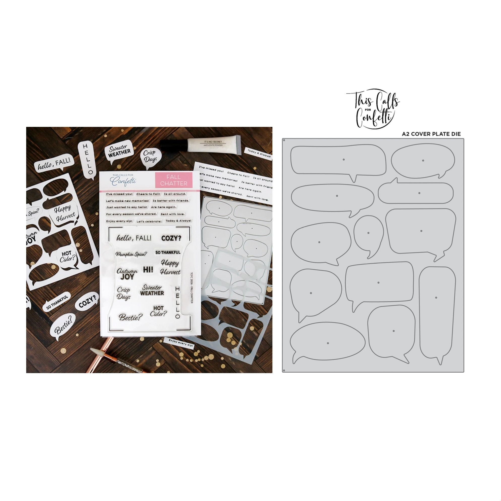 This Calls For Confetti Fall Chatter Clear Stamp and Chatty A2 Cover Plate Die Set