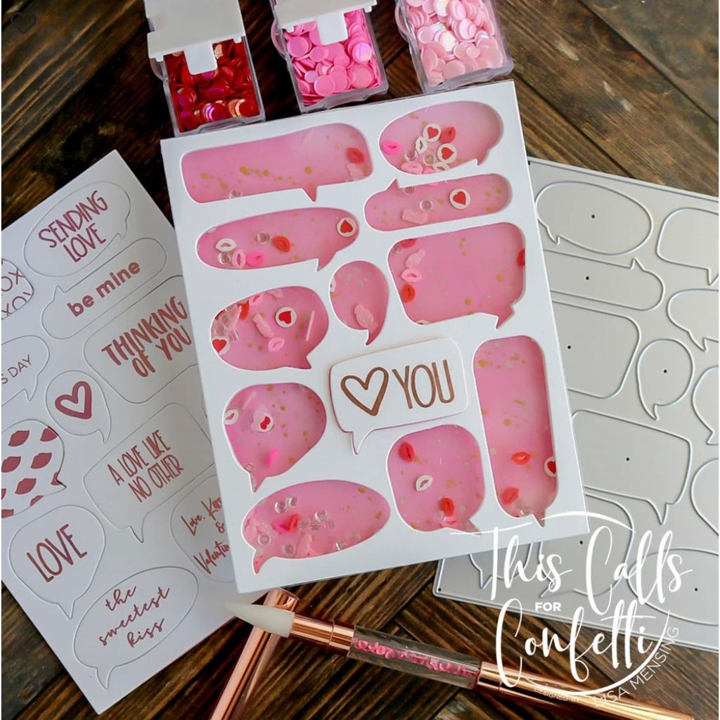This Calls For Confetti Fall Chatter Clear Stamp and Chatty A2 Cover Plate Die Set love you shaker card