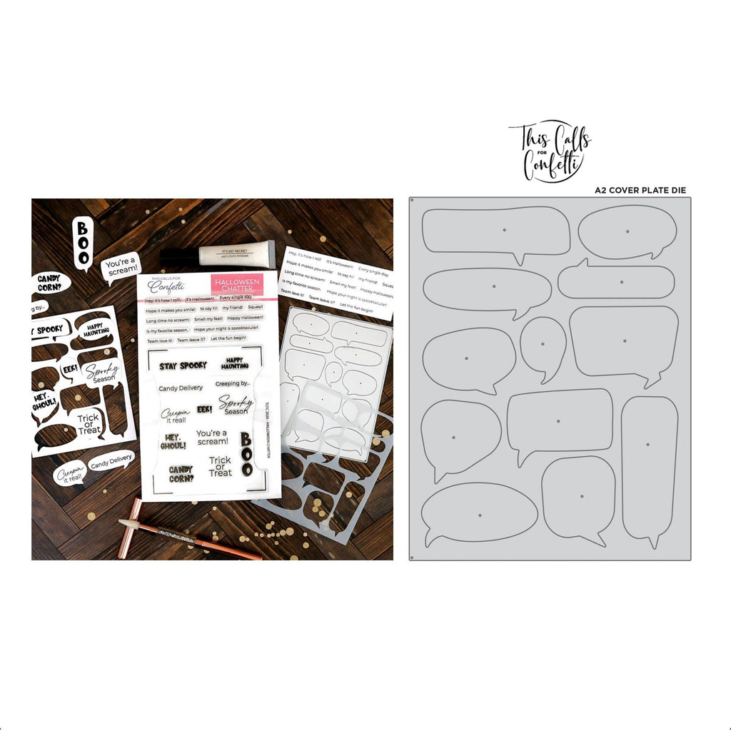 This Calls For Confetti Halloween Chatter Clear Stamp and Chatty A2 Cover Plate Die Set