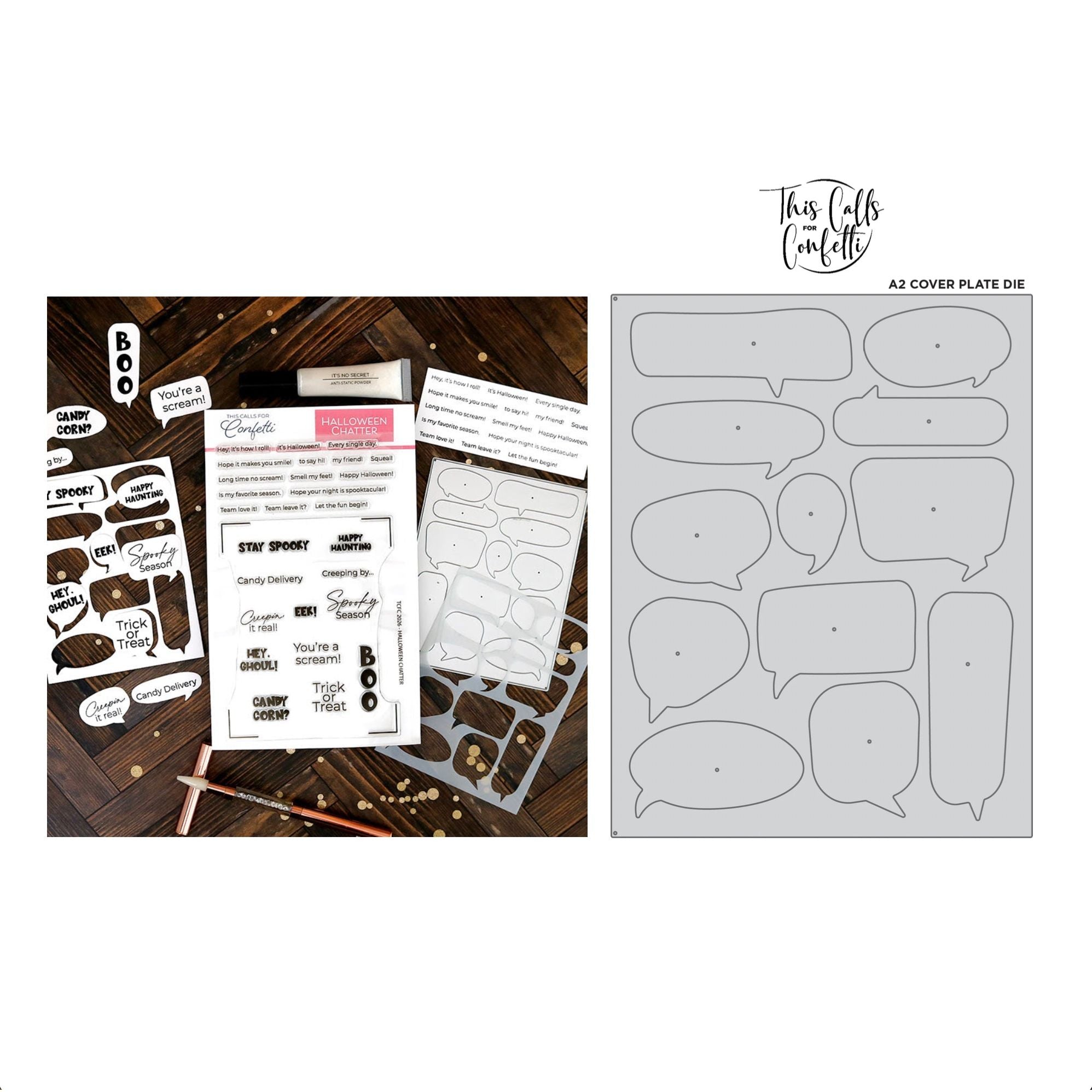 This Calls For Confetti Halloween Chatter Clear Stamp and Chatty A2 Cover Plate Die Set