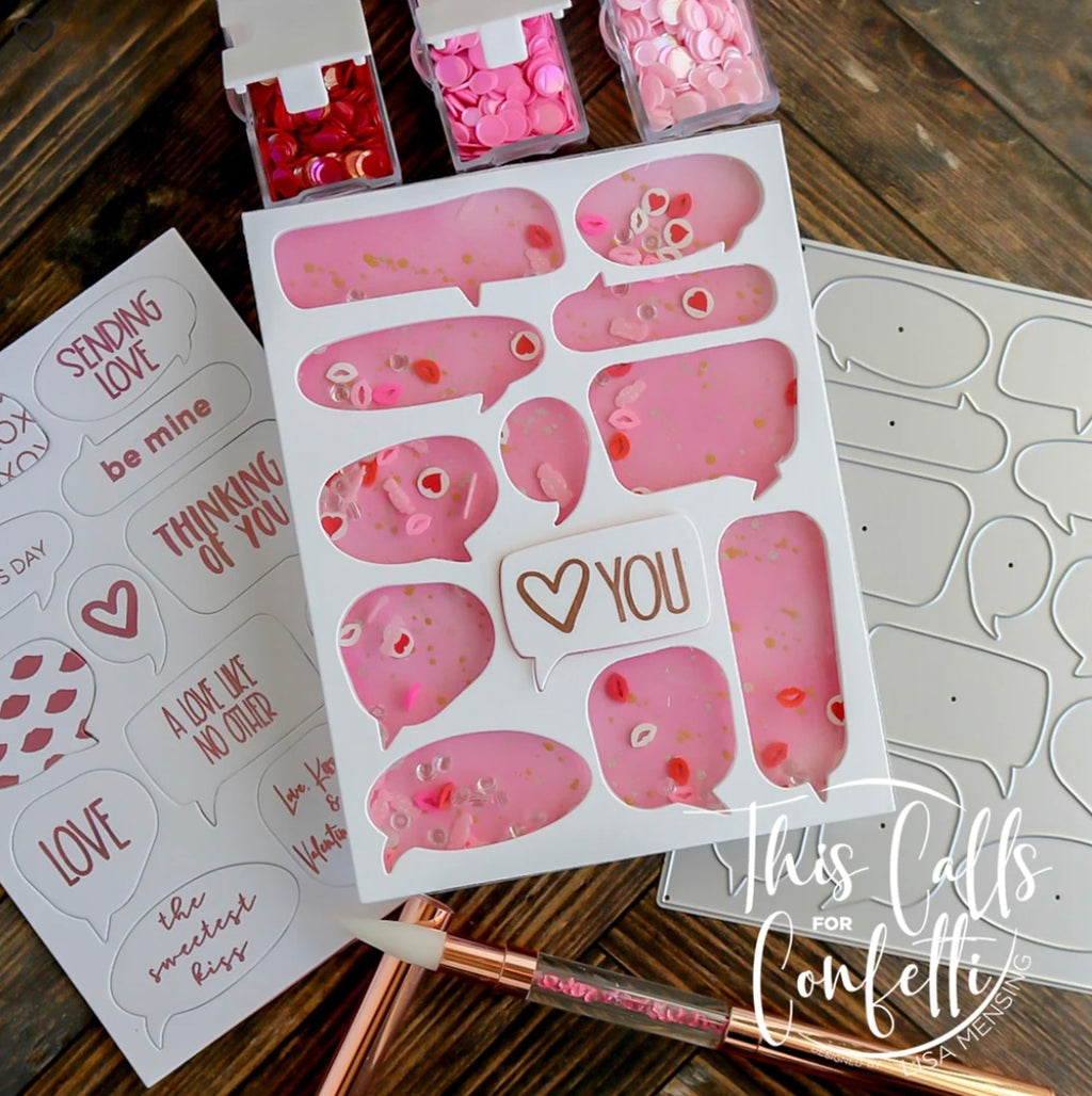 This Calls For Confetti Halloween Chatter Clear Stamp and Chatty A2 Cover Plate Die Set love you shaker card
