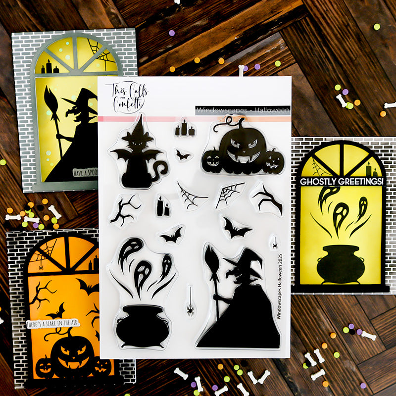 This Calls For Confetti Windowscapes Halloween Clear Stamp Die and Stencil Set image 1
