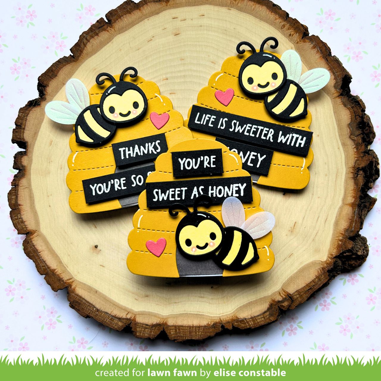 Three bee and honey comb cards with punny sentiments