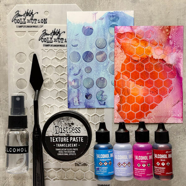 Tim Holtz Alcohol Ink Spectrum Urban 8 Pack Kit Ranger tak90748 Stenciled Backgrounds | color-code:ALT02