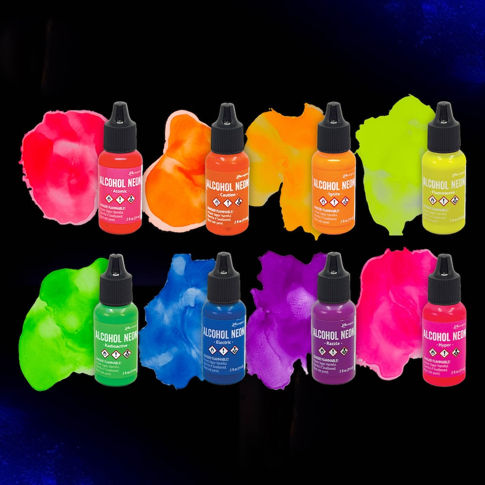 Tim Holtz Alcohol Neon Atomic Ranger tan91745 Swatches on black