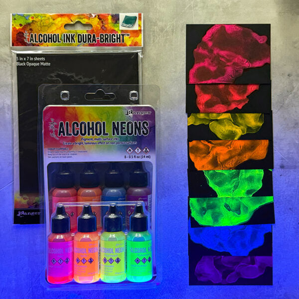 Tim Holtz Alcohol Neons 8 Pack Ranger tak91820 Blacklight Dark Backgrounds | color-code:ALT04