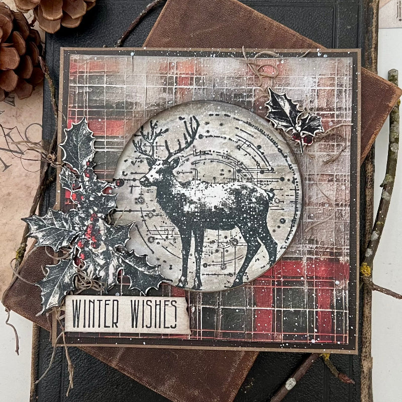 Tim Holtz Christmas 2026 Release I Want It All Cling Stamp Bundle winter wishes plaid background card