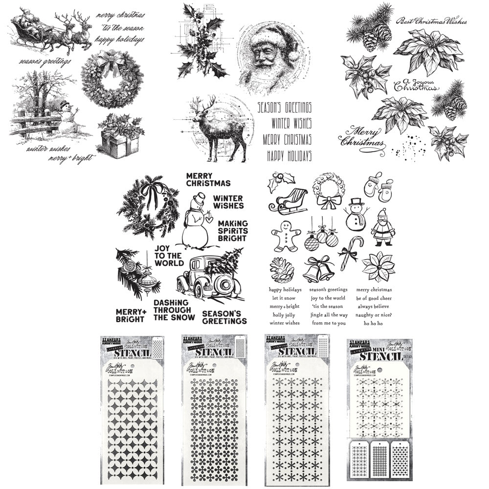 Tim Holtz Christmas 2026 Release I Want It All Cling Stamp and Stencil Bundle