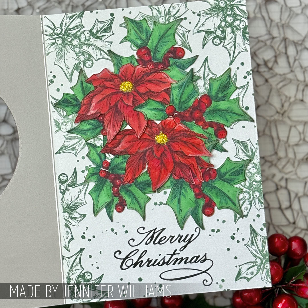 Tim Holtz Christmas 2026 Release I Want It All Cling Stamp and Stencil Bundle merry christmas poinsettias card jennifer williams