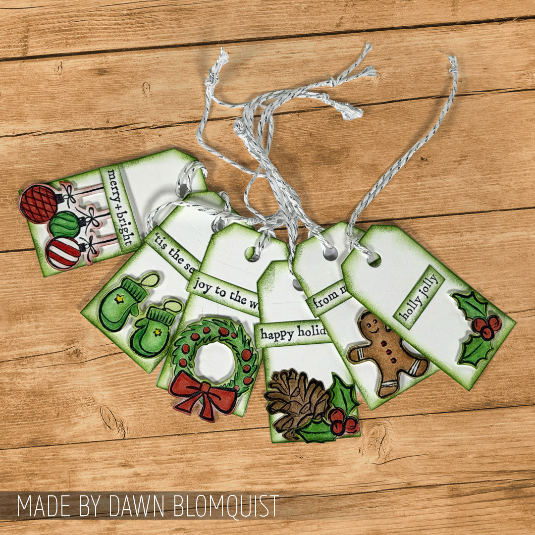 Tim Holtz Christmas 2026 Release I Want It All Cling Stamp and Stencil Bundle ornaments mittens wreath christmas tags dawn blomquist