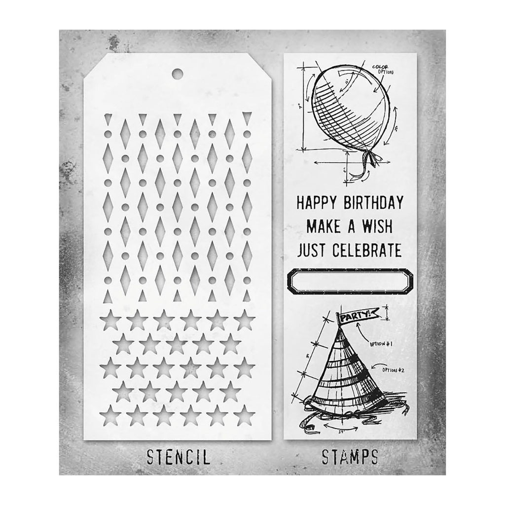 Tim Holtz Clear Stamps and Stencil Birthday, Diamond Dot and Stars thmm143 product image