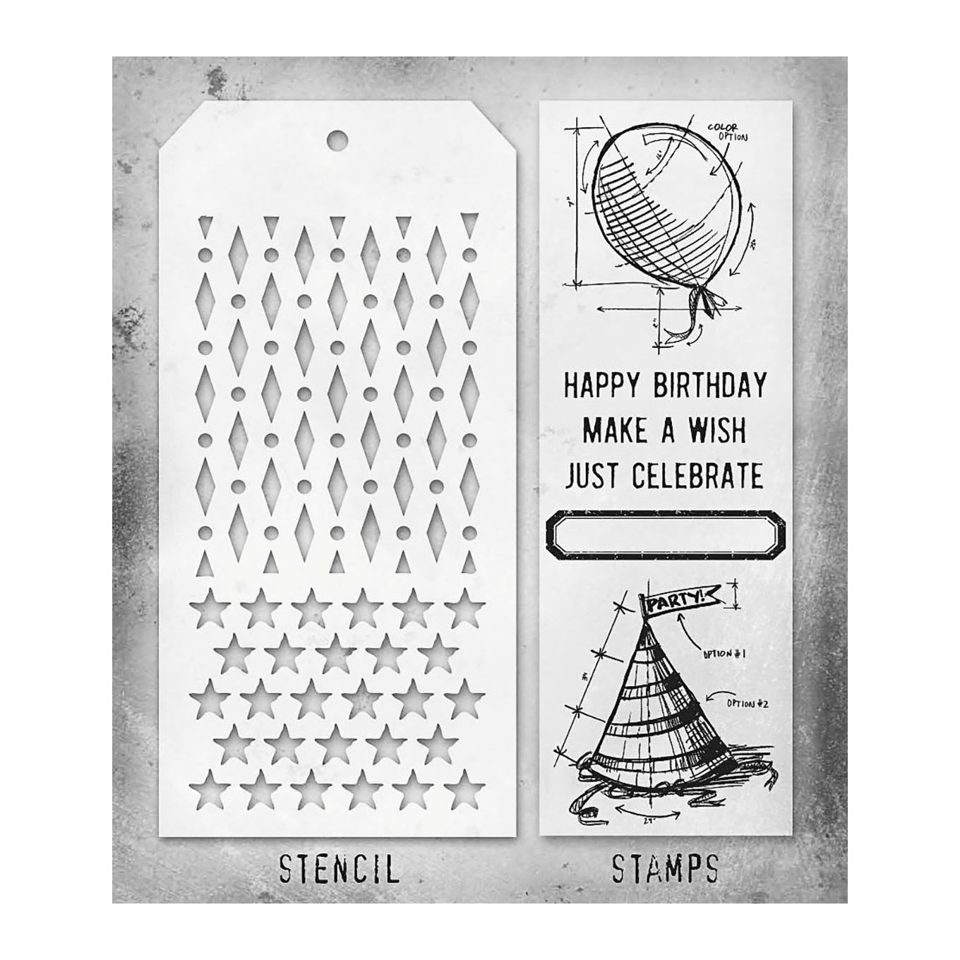 Tim Holtz Clear Stamps and Stencil Birthday, Diamond Dot and Stars thmm143 product image