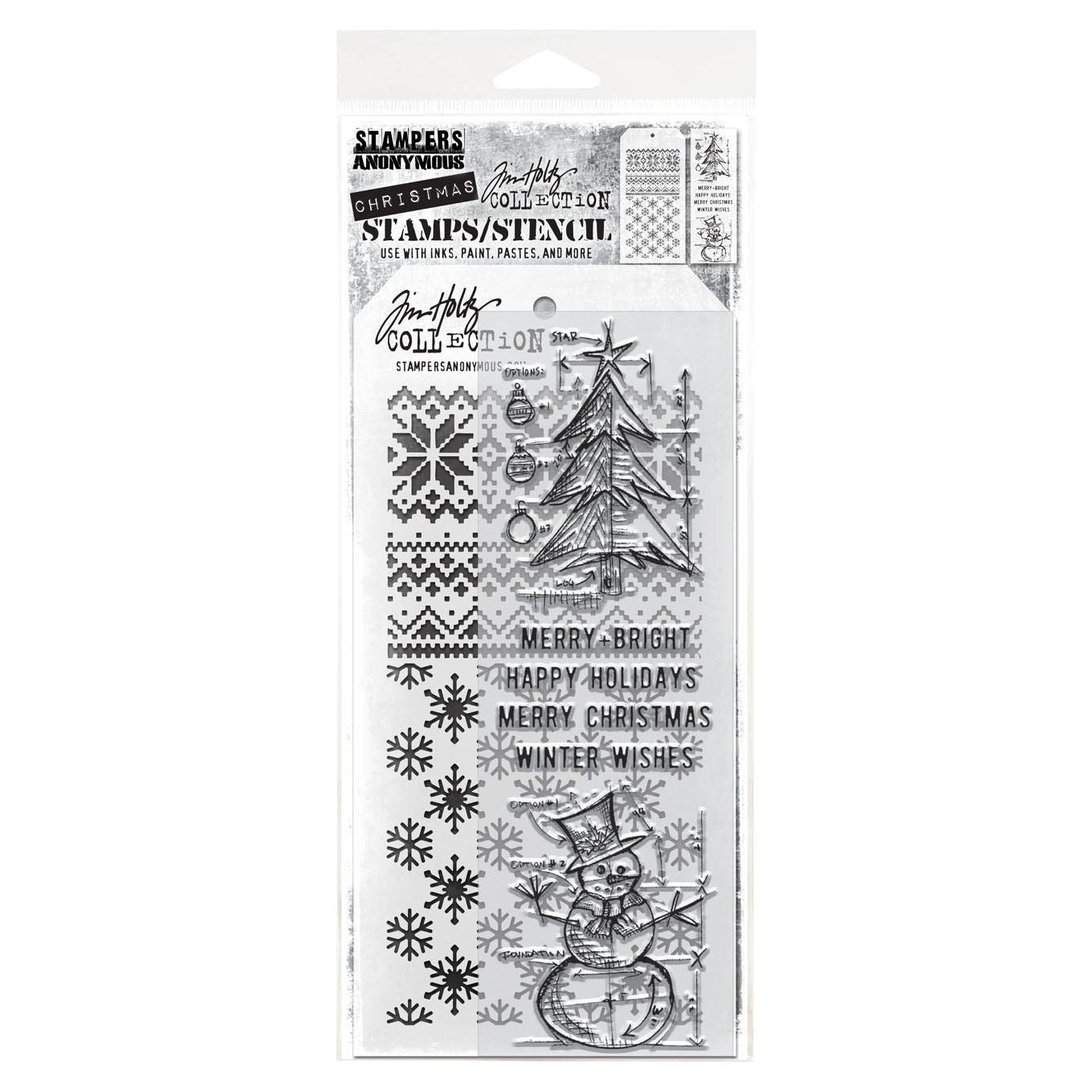 Tim Holtz Clear Stamps and Stencil Blue Prints Winter, Flurries and Holiday Knit thmm158