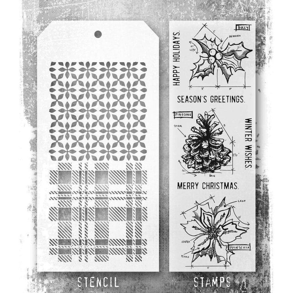 Tim Holtz Clear Stamps and Stencil Blueprint Christmas 2, Plaid, Nordic thmm192 product image