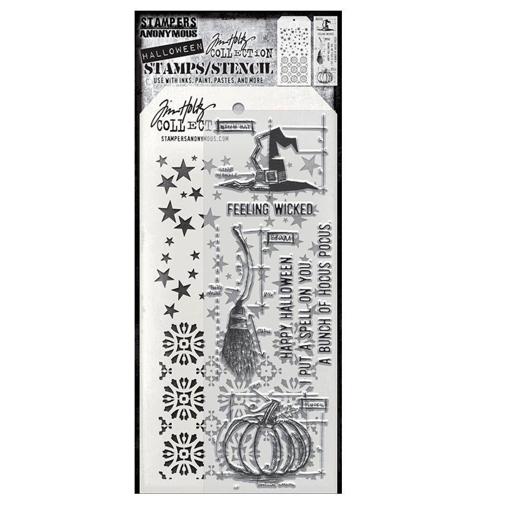 Tim Holtz Clear Stamps and Stencil Blueprint Spells, Rosette, Falling Stars thmm201