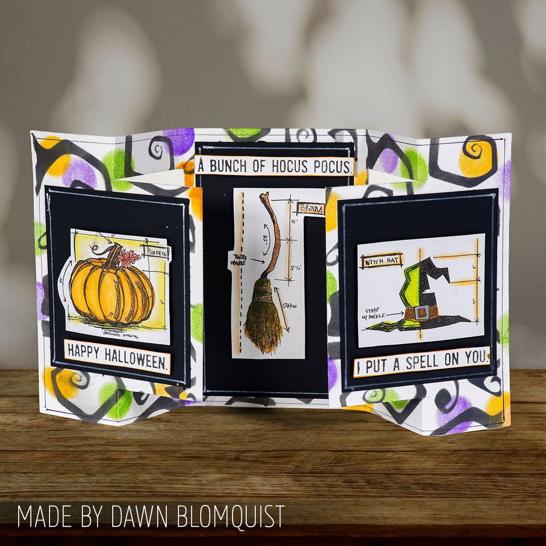 Tim Holtz Clear Stamps and Stencil Blueprint Spells, Rosette, Falling Stars thmm201 happy halloween fold out card dawn blomquist