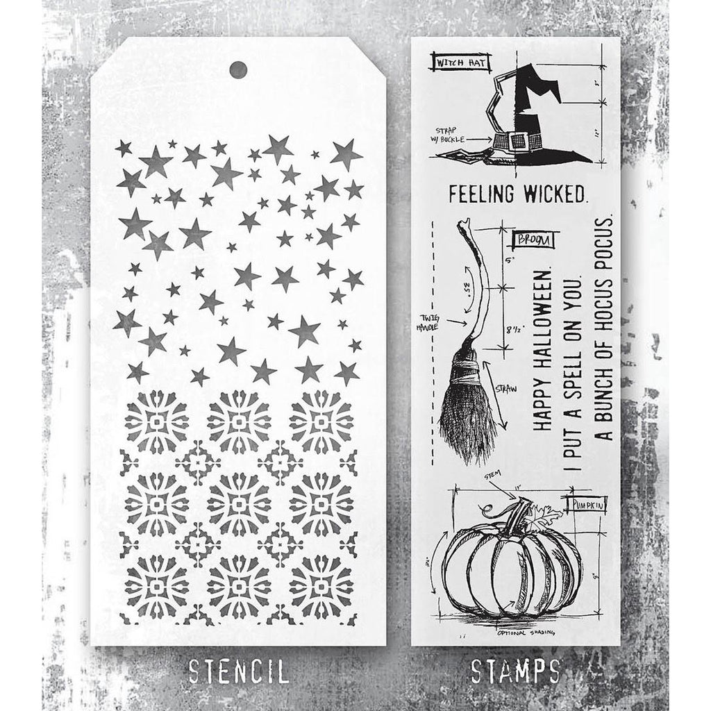 Tim Holtz Clear Stamps and Stencil Blueprint Spells, Rosette, Falling Stars thmm201 stencil and stamp image