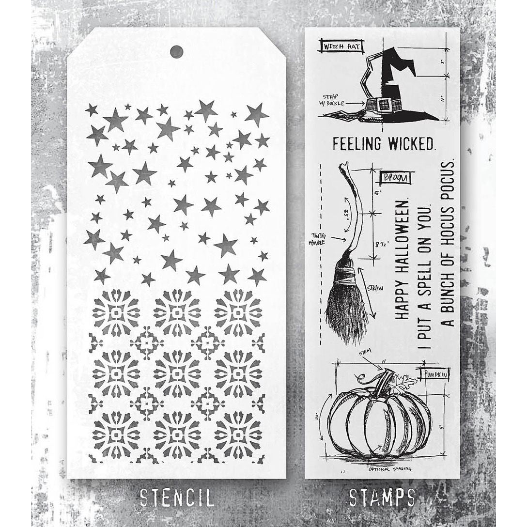 Tim Holtz Clear Stamps and Stencil Blueprint Spells, Rosette, Falling Stars thmm201 stencil and stamp image