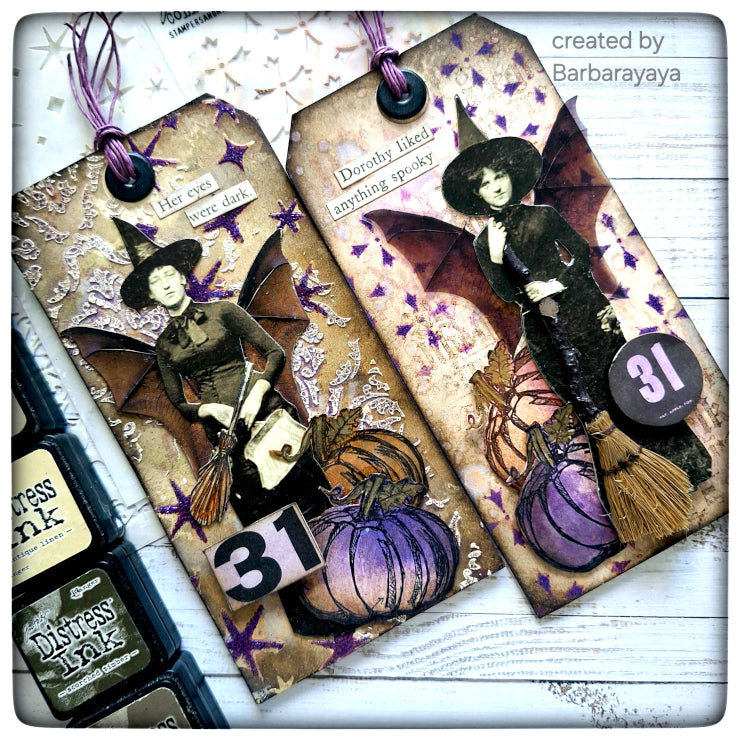 Tim Holtz Clear Stamps and Stencil Blueprint Spells, Rosette, Falling Stars thmm201 witches tags barbarayaya | color-code:ALT01