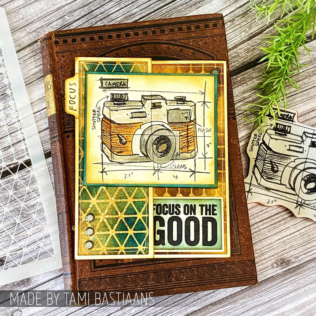 Tim Holtz Clear Stamps and Stencil Bold Sayings, Grid Dot and Diamonds thmm140 camera