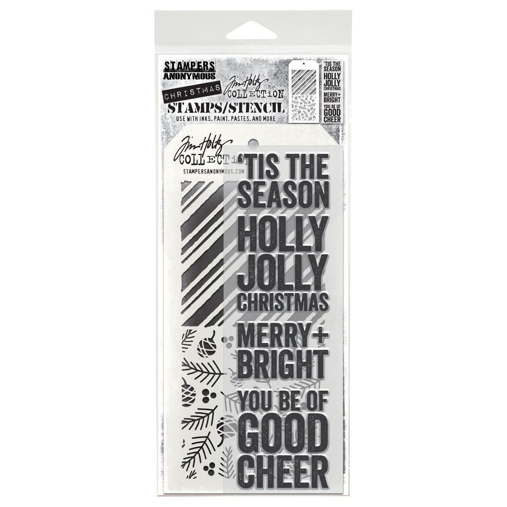 Tim Holtz Clear Stamps and Stencil Bold Tidings, Peppermint, Pinecones thmm179 