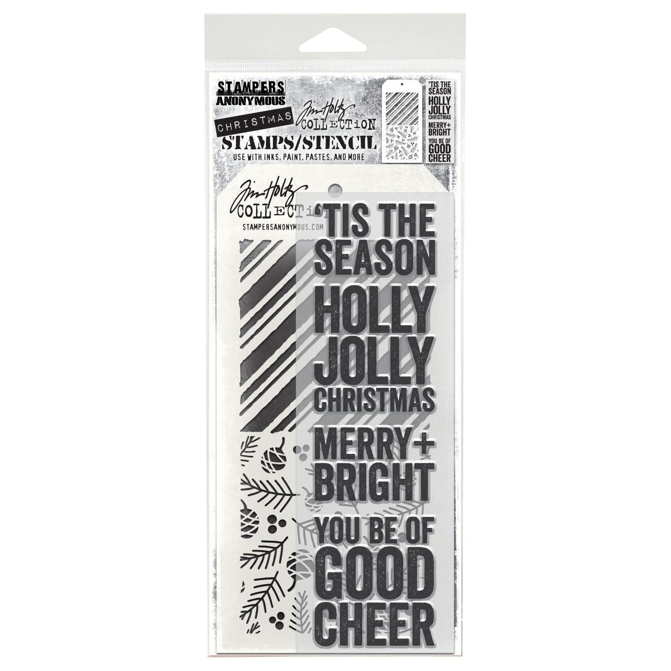 Tim Holtz Clear Stamps and Stencil Bold Tidings, Peppermint, Pinecones thmm179 