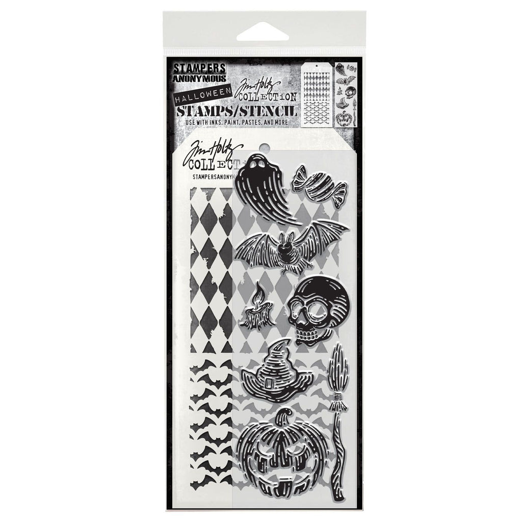 Tim Holtz Clear Stamps and Stencil Carved Frights, Batground, Harlequin thmm196