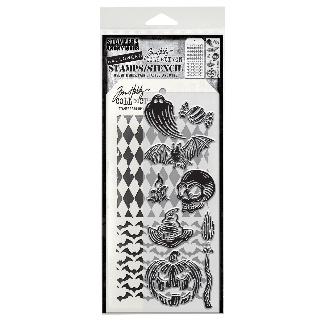 Tim Holtz Clear Stamps and Stencil Carved Frights, Batground, Harlequin thmm196