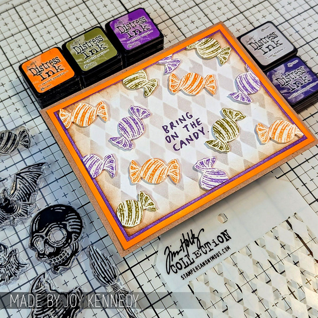 Tim Holtz Clear Stamps and Stencil Carved Frights, Batground, Harlequin thmm196 candy