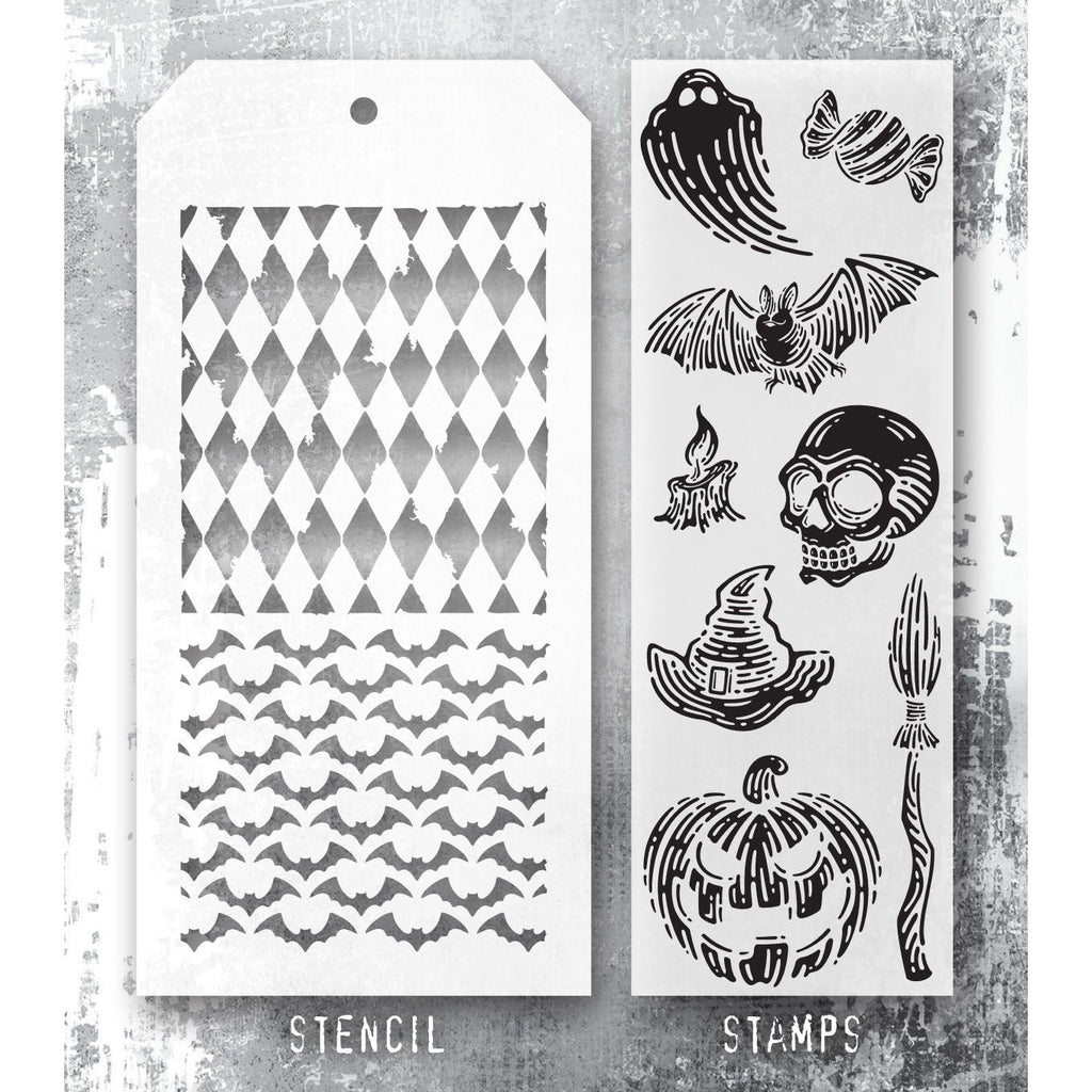 Tim Holtz Clear Stamps and Stencil Carved Frights, Batground, Harlequin thmm196 image 1
