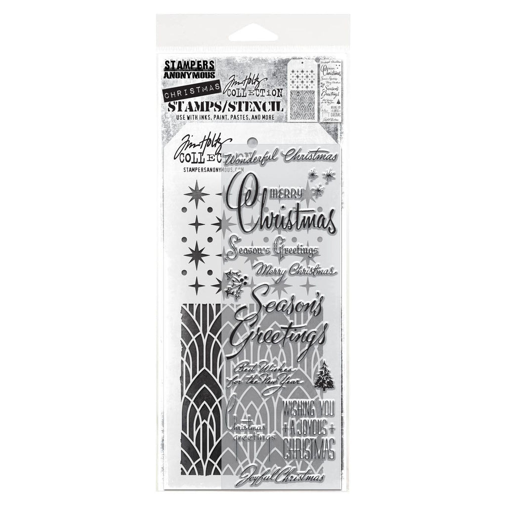 Tim Holtz Clear Stamps and Stencil Christmastime, Deco Arch and Starry thmm156