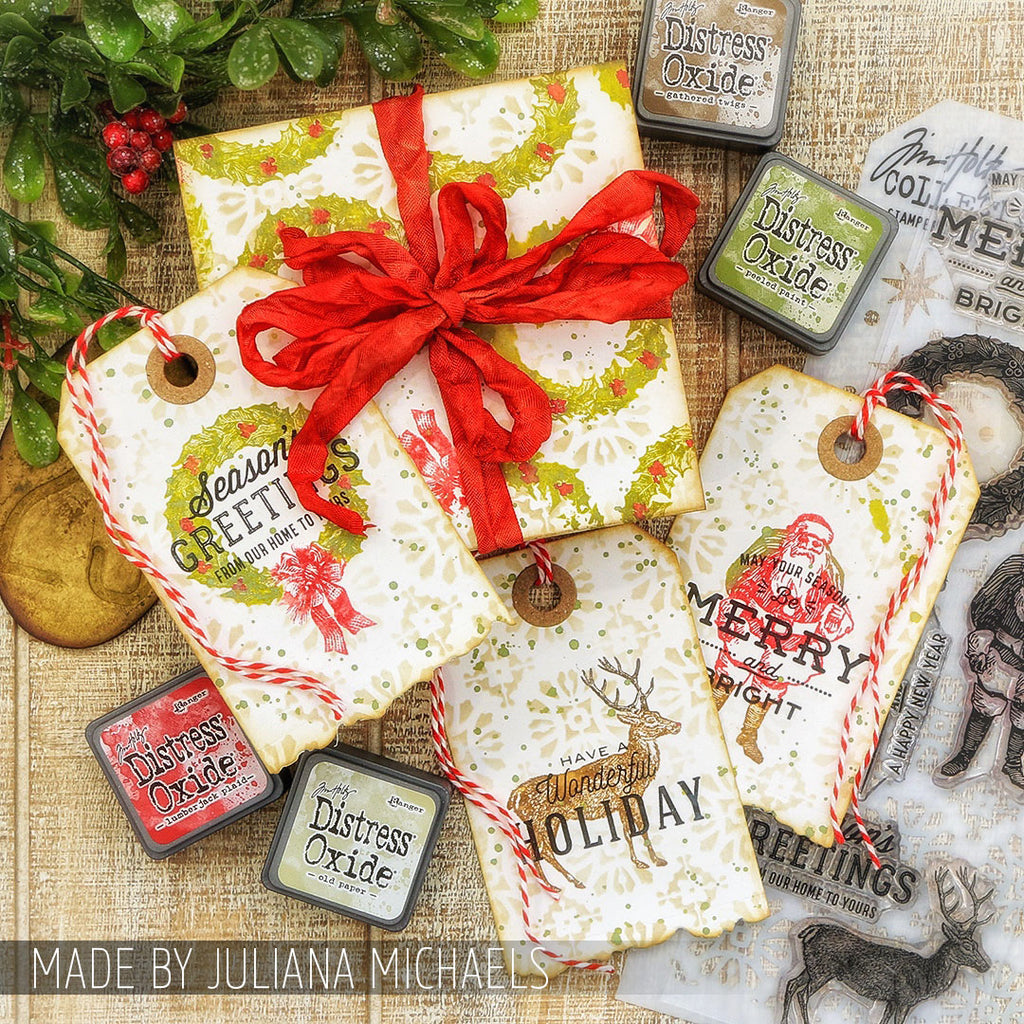 Tim Holtz Clear Stamps and Stencil Festive Overlay, Starry and Rosette thmm135 tags