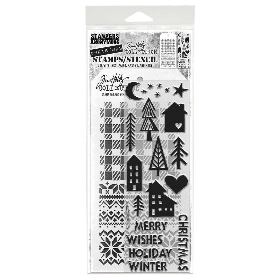 Tim Holtz Clear Stamps and Stencil Festive Print, Holiday Knit, Gingham thmm187