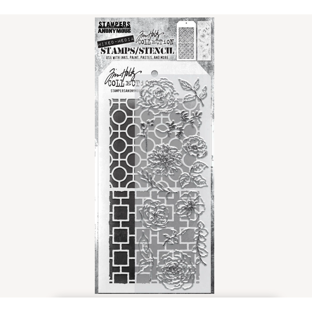 Tim Holtz Clear Stamps and Stencil Floral Elements, Linked Circles and Linked Squares thmm161