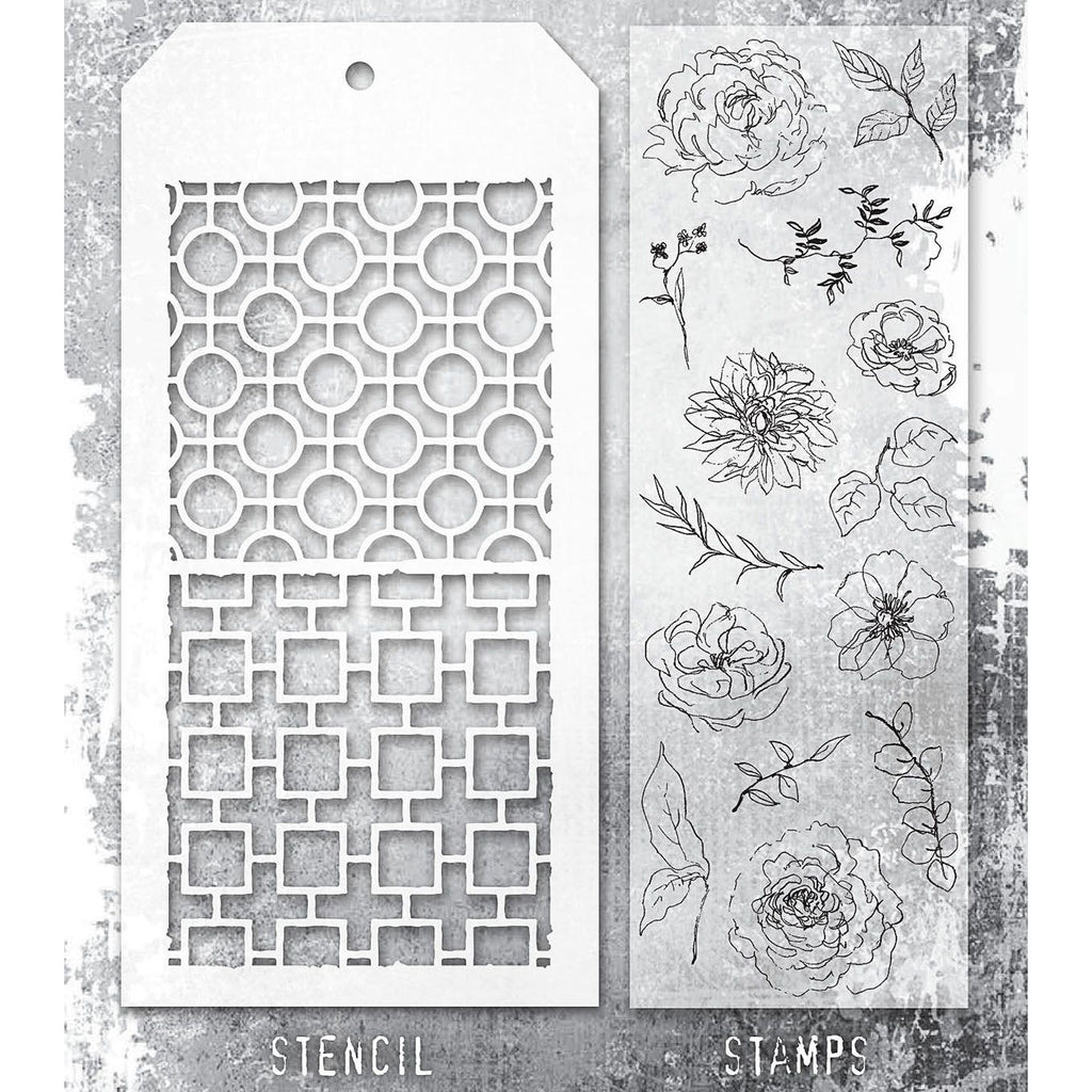 Tim Holtz Clear Stamps and Stencil Floral Elements, Linked Circles and Linked Squares thmm161 product image