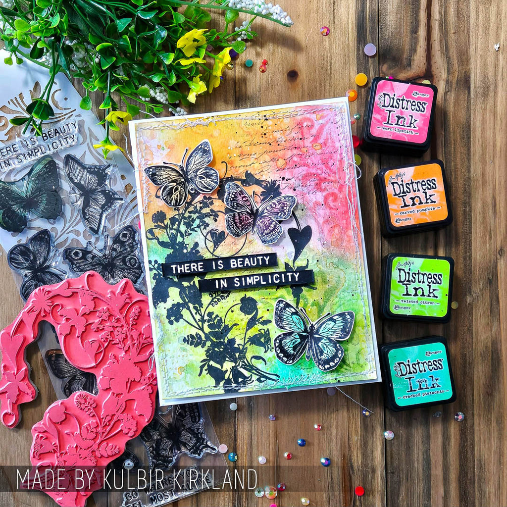 Tim Holtz Clear Stamps and Stencil Flutter, Floral and Trellis thmm144 rainbow