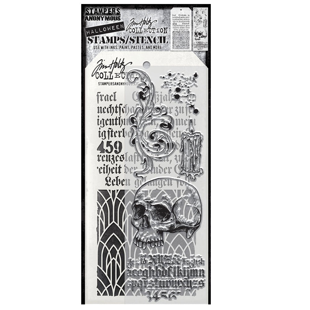 Tim Holtz Clear Stamps and Stencil Foreboding, Deco Arch, Script thmm200